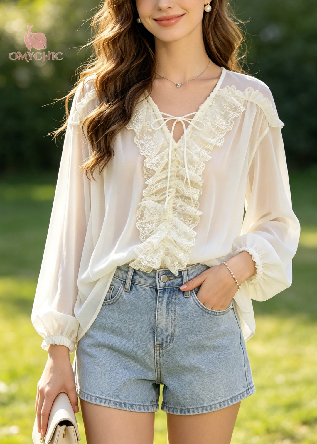 Art Beige Oversized Lace Patchwork Chiffon Shirt Top Summer