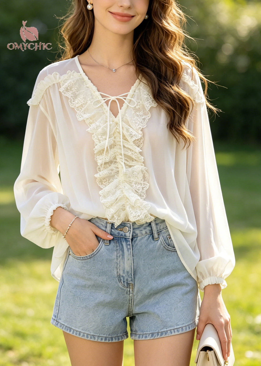 Art Beige Oversized Lace Patchwork Chiffon Shirt Top Summer