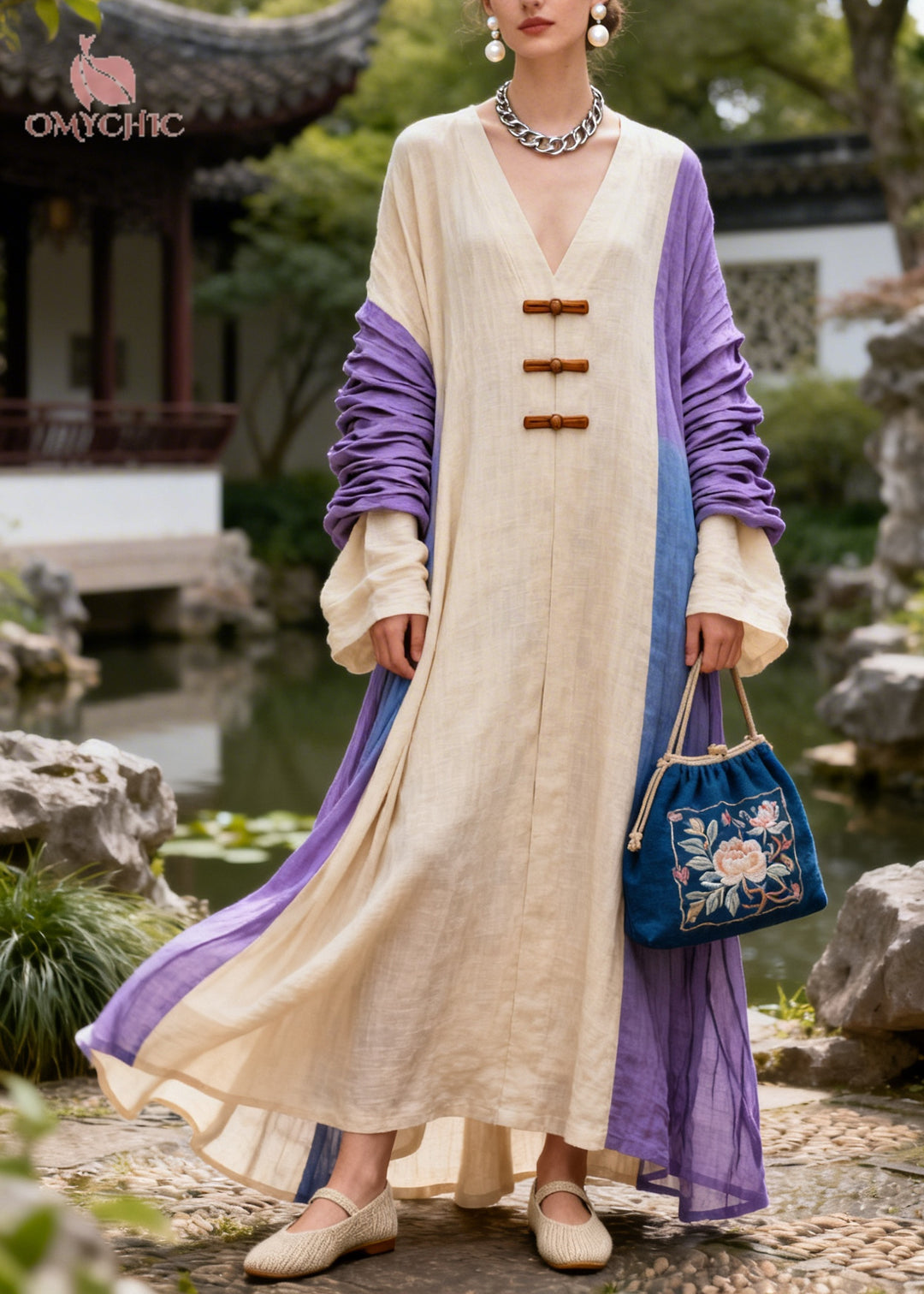 Art Beige Oversized Patchwork Chinese Button Cotton Maxi Dresses Fall