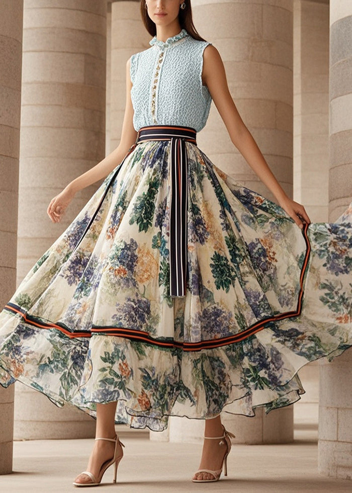 Art Beige Print Extra Large Hem Chiffon Beach Skirt Fall