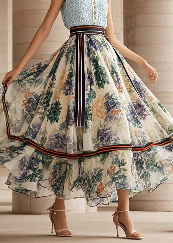 Art Beige Print Extra Large Hem Chiffon Beach Skirt Fall