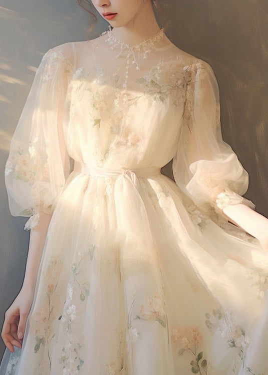 Art Beige Print Lace Up Tulle Maxi Dress Puff Sleeve