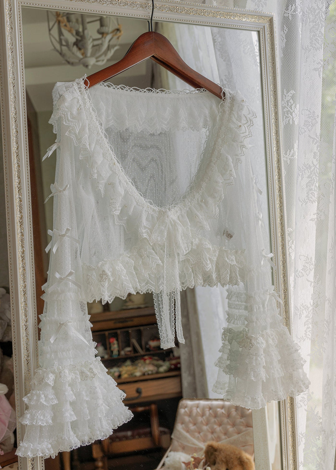Art Beige Ruffled Bow Tulle Cardigans Flare Sleeve