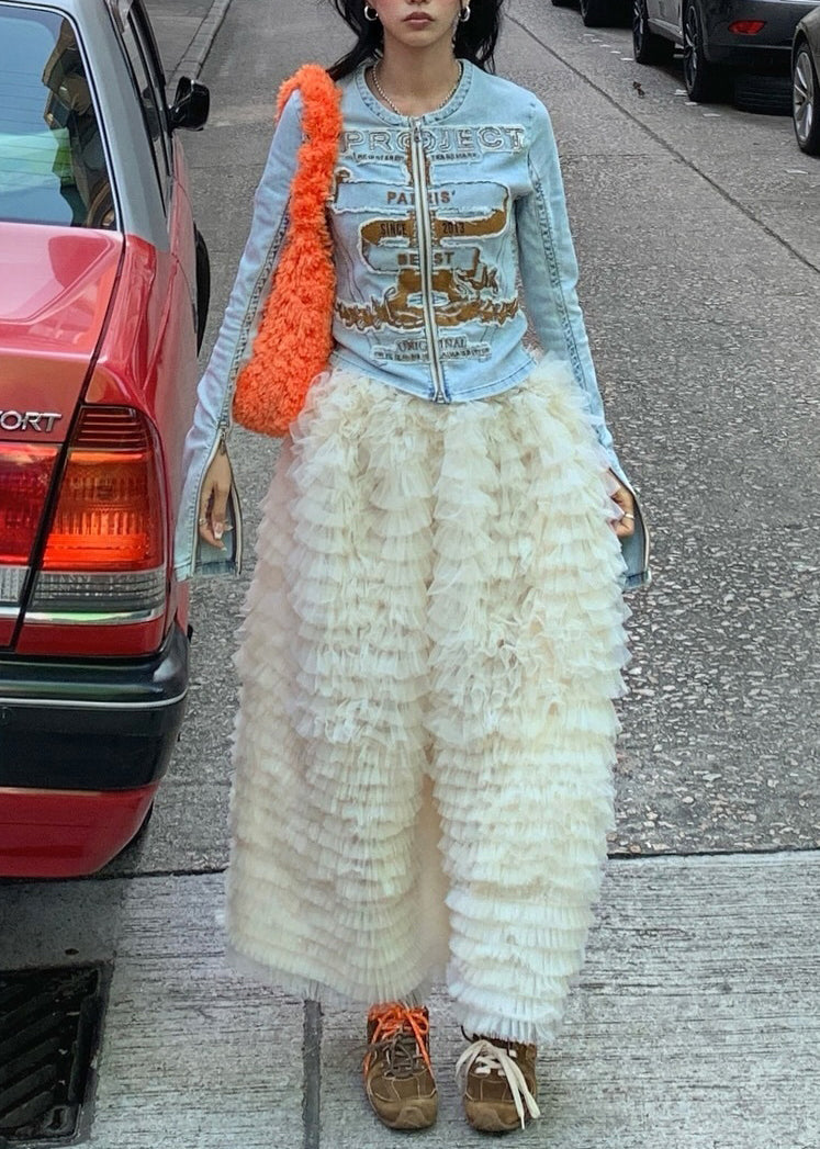 Art Beige Ruffled High Waist Tulle Skirts Summer