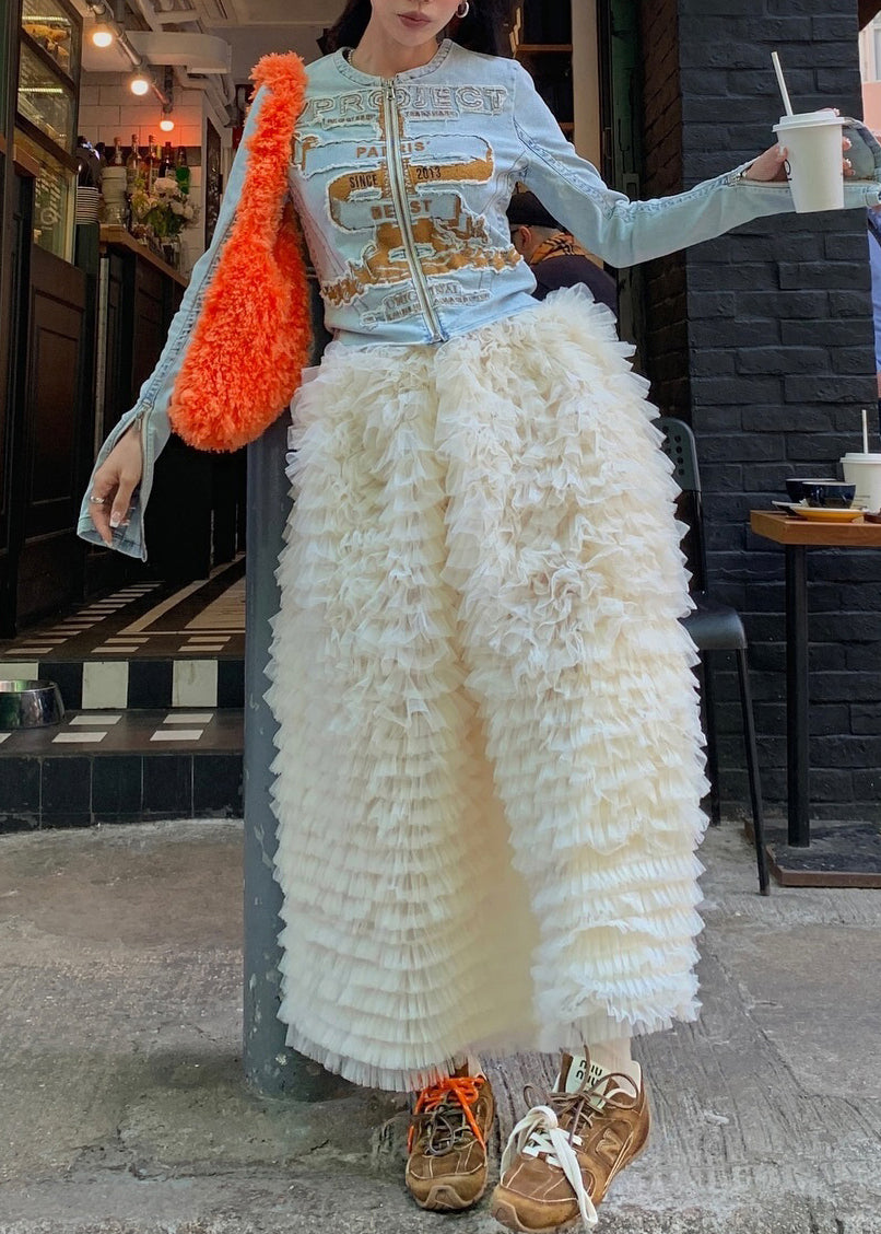 Art Beige Ruffled High Waist Tulle Skirts Summer