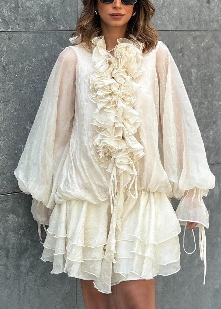 Art Beige Ruffled Lace Up Solid Chiffon Mini Dresses Spring