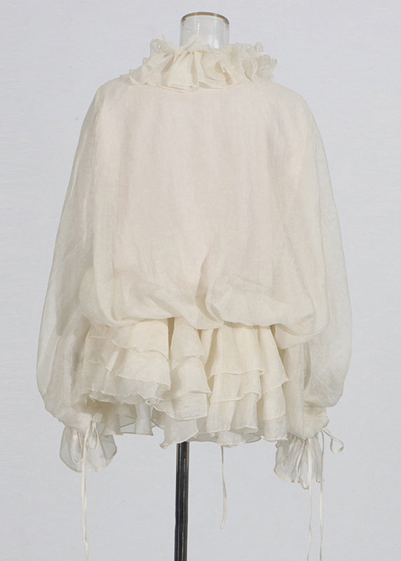 Art Beige Ruffled Lace Up Solid Chiffon Mini Dresses Spring