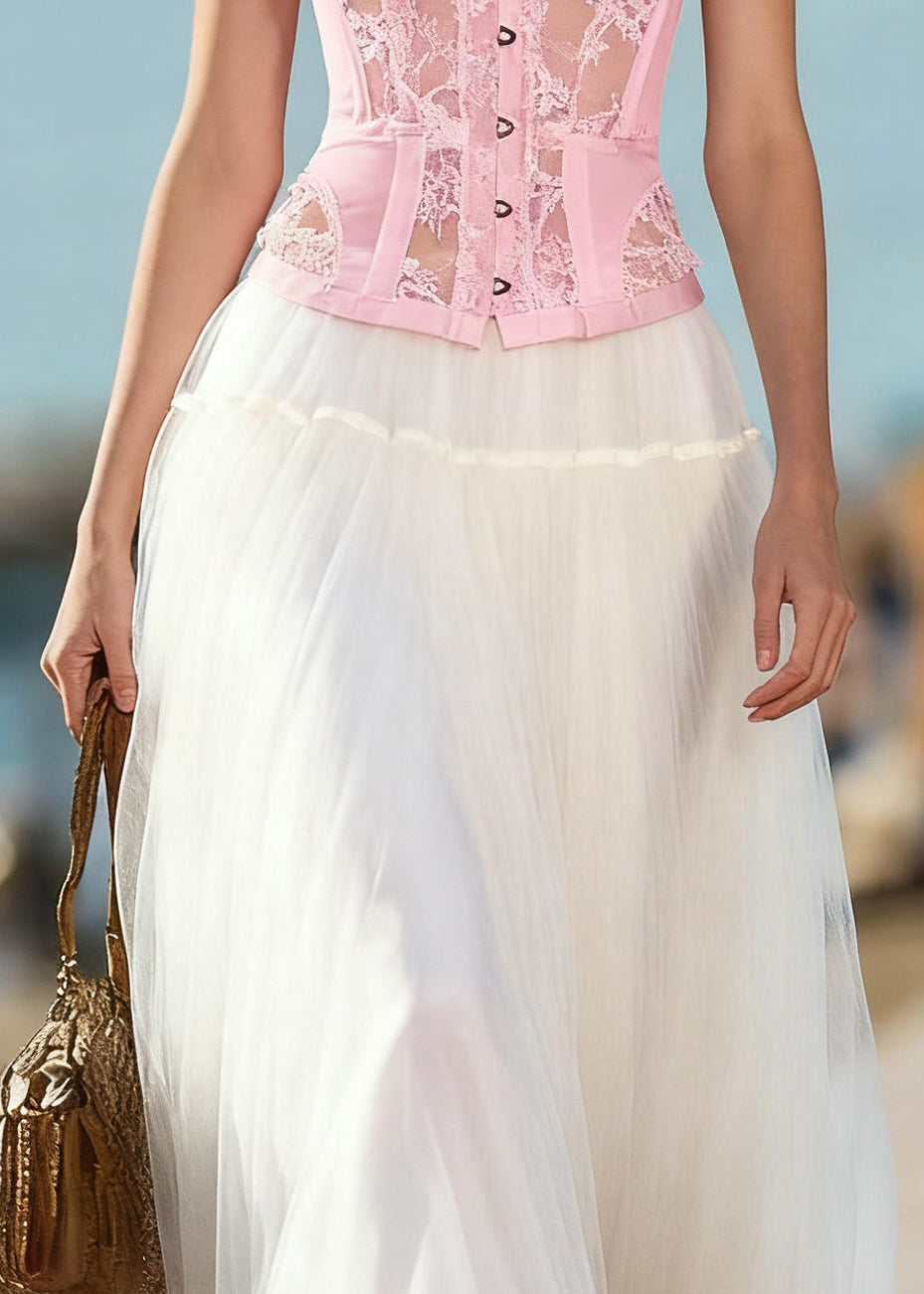 Art Beige Solid Elastic Waist Tulle Skirts Summer