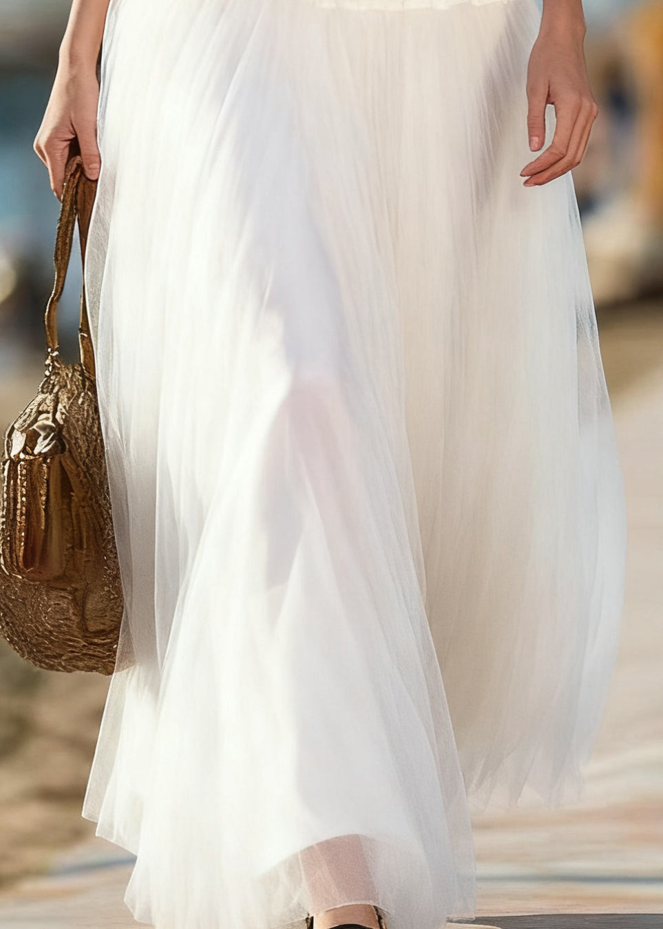 Art Beige Solid Elastic Waist Tulle Skirts Summer