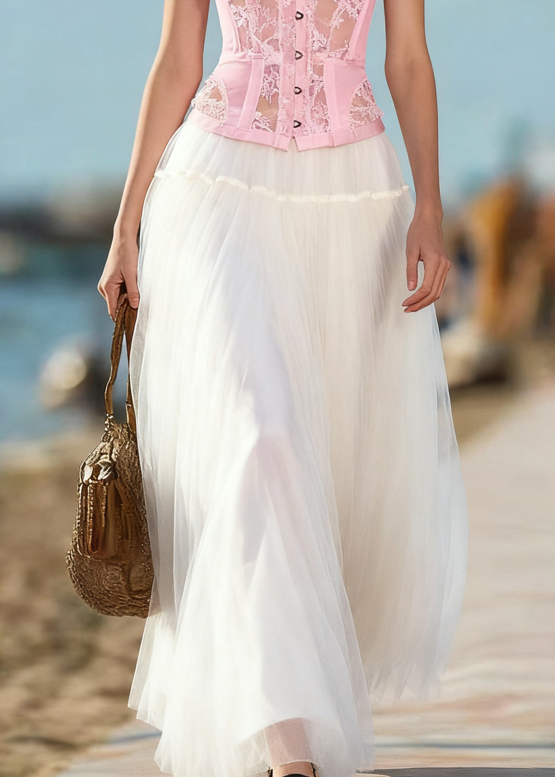 Art Beige Solid Elastic Waist Tulle Skirts Summer