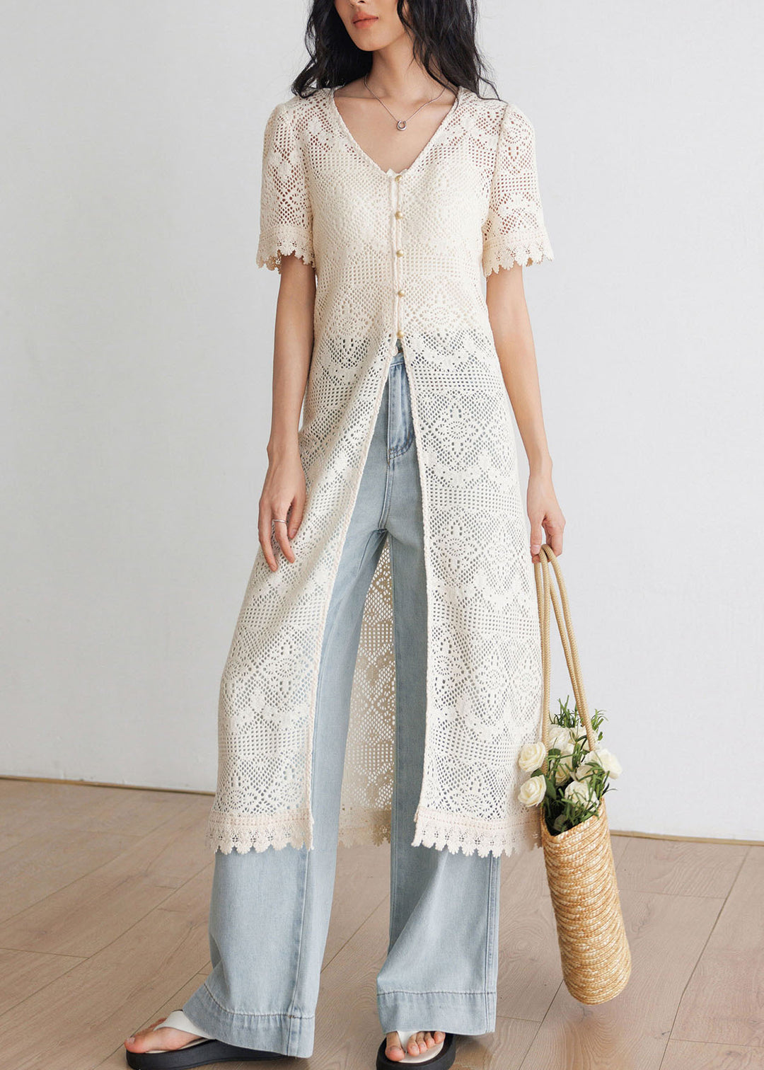 Art Beige V Neck Hollow Out Long Knit Cardigans Summer
