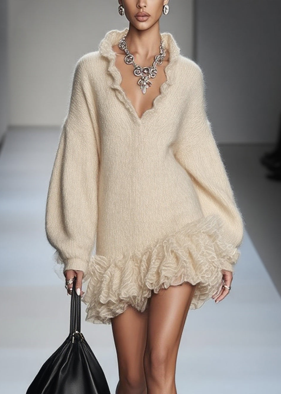 Art Beige V Neck Lace Patchwork Knit Mini Dresses Spring - Omychic