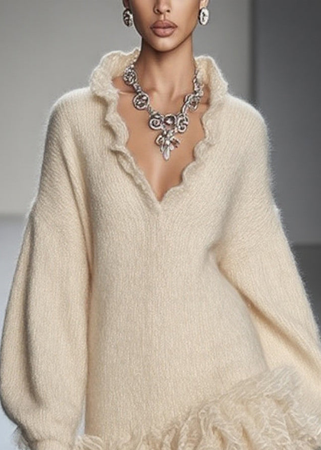 Art Beige V Neck Lace Patchwork Knit Mini Dresses Spring - Omychic