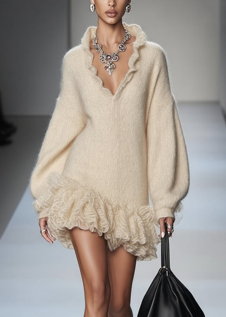 Art Beige V Neck Lace Patchwork Knit Mini Dresses Spring - Omychic