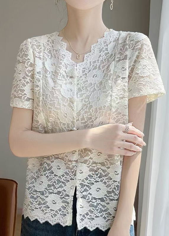 Art Beige V Neck Side Open Lace Shirts Summer
