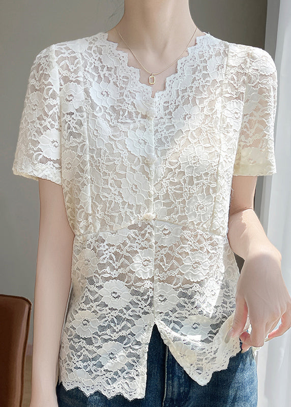 Art Beige V Neck Side Open Lace Shirts Summer