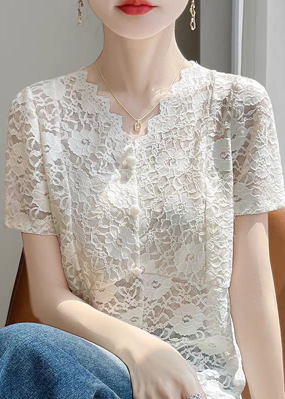Art Beige V Neck Side Open Lace Shirts Summer