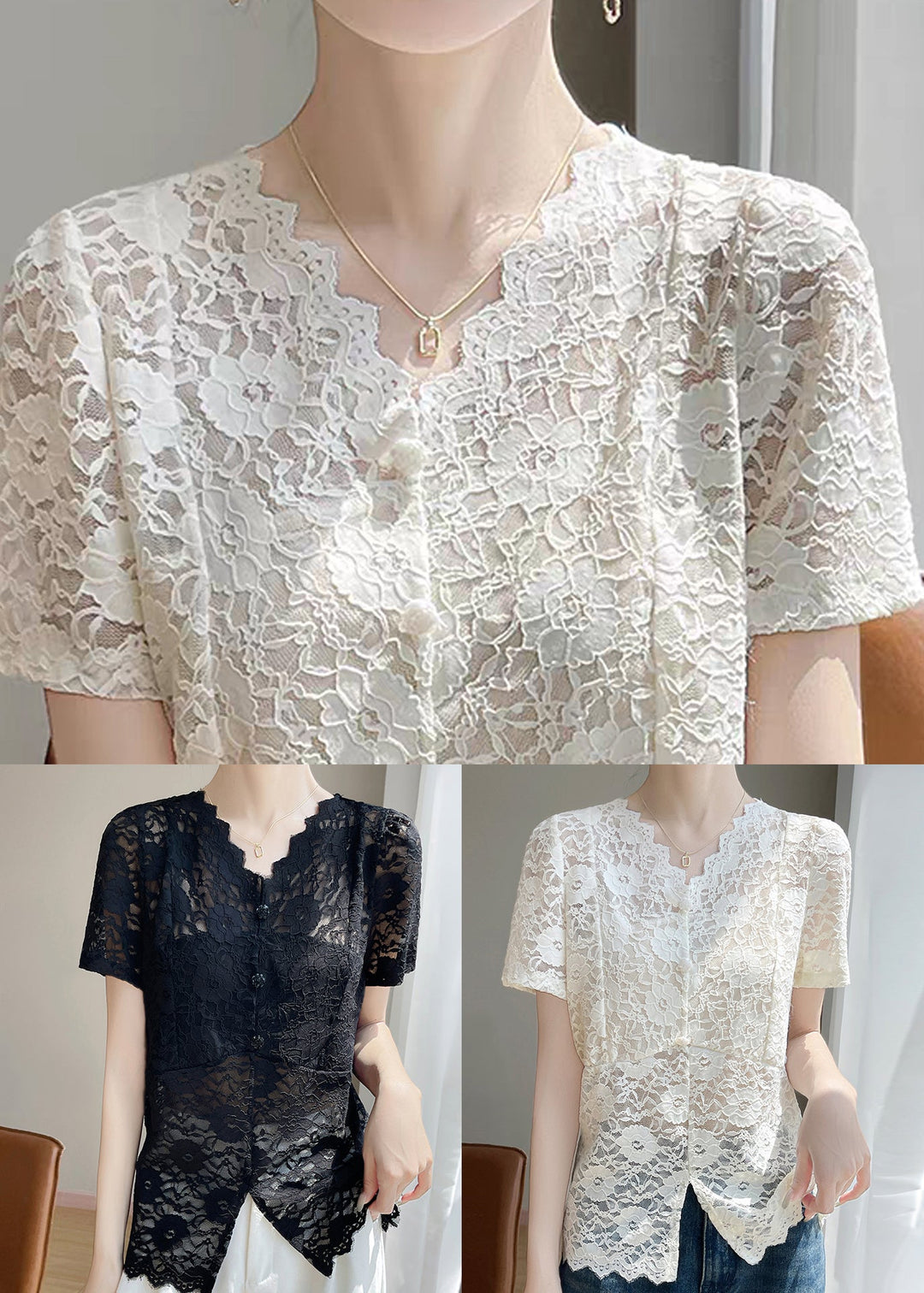 Art Beige V Neck Side Open Lace Shirts Summer