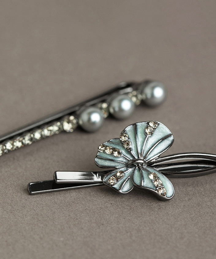 Art Black Alloy Zircon Pearl Butterfly Hairpin Two Piece Set