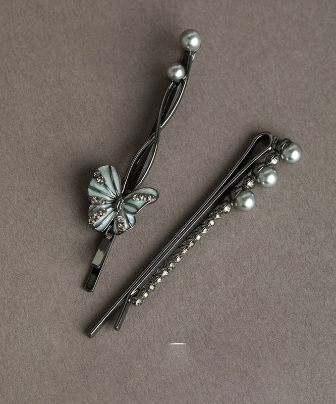 Art Black Alloy Zircon Pearl Butterfly Hairpin Two Piece Set