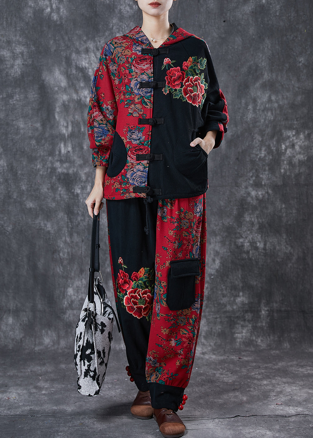 Art Black Asymmetrical Patchwork Warm Fleece Two Piece Set Outfits Spring
