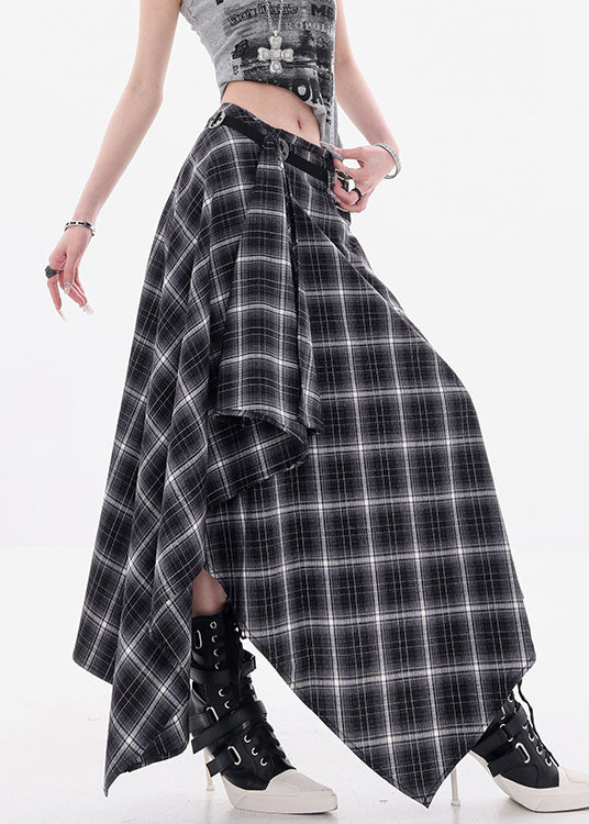 Art Black Asymmetrical Plaid Cotton Skirts Fall