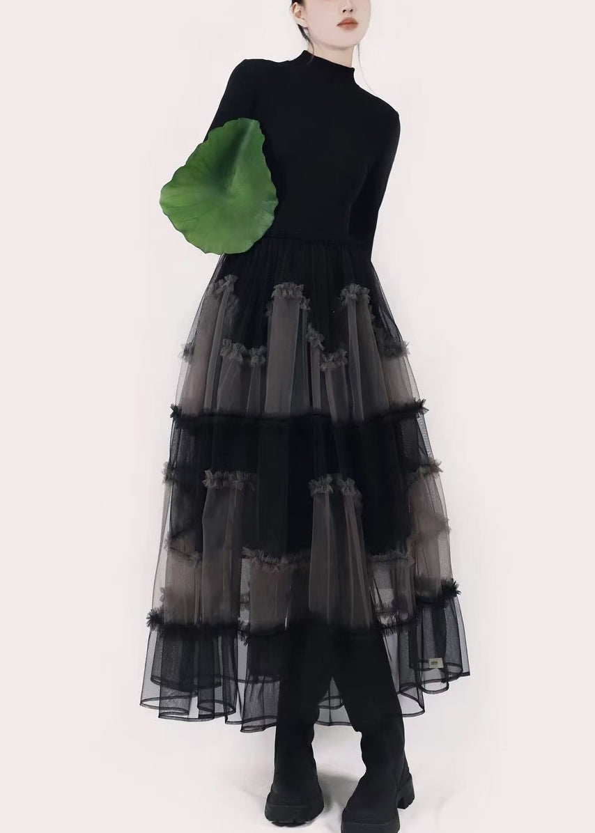 Art Black Asymmetrical Ruffled Tulle Patchwork Long Dresses Winter