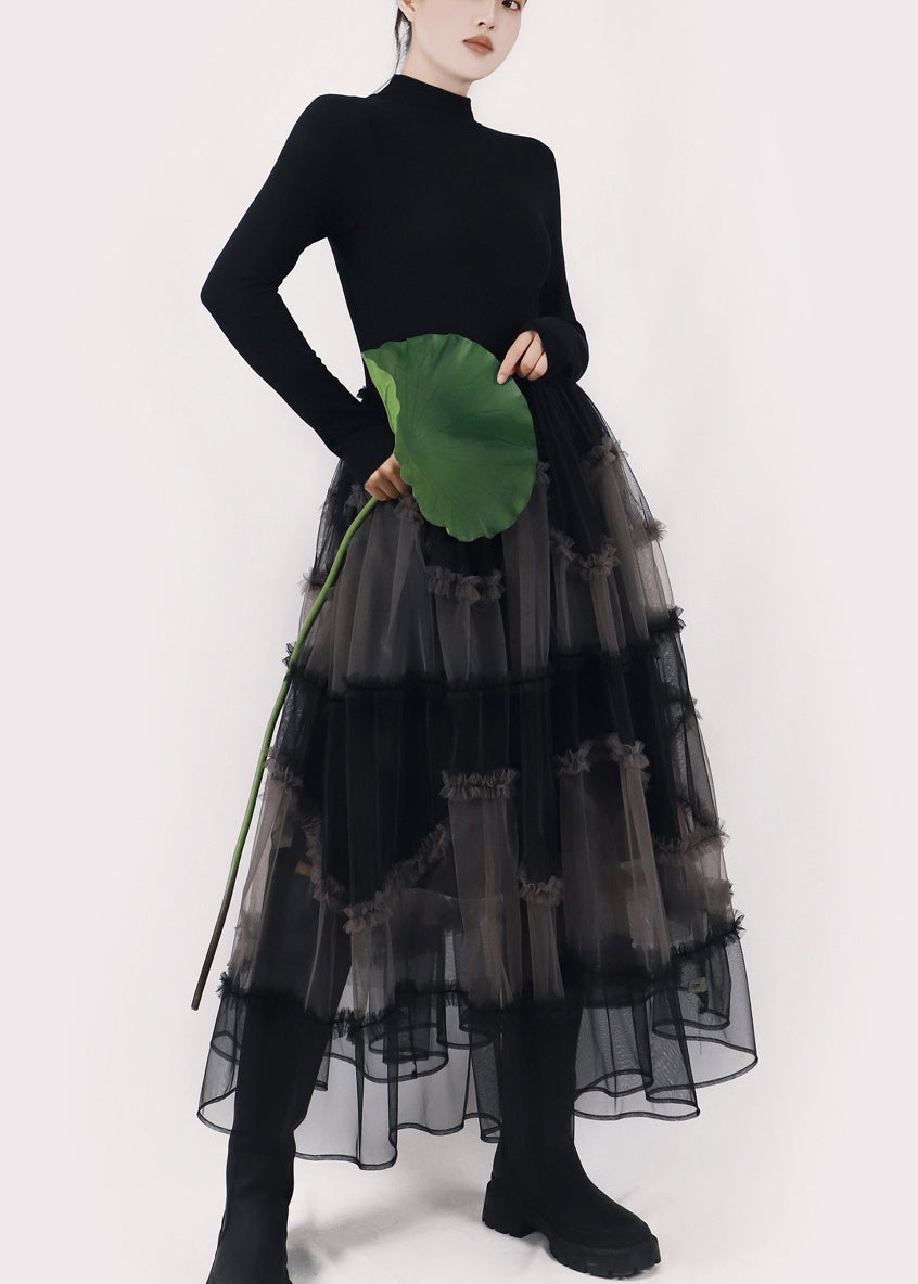 Art Black Asymmetrical Ruffled Tulle Patchwork Long Dresses Winter