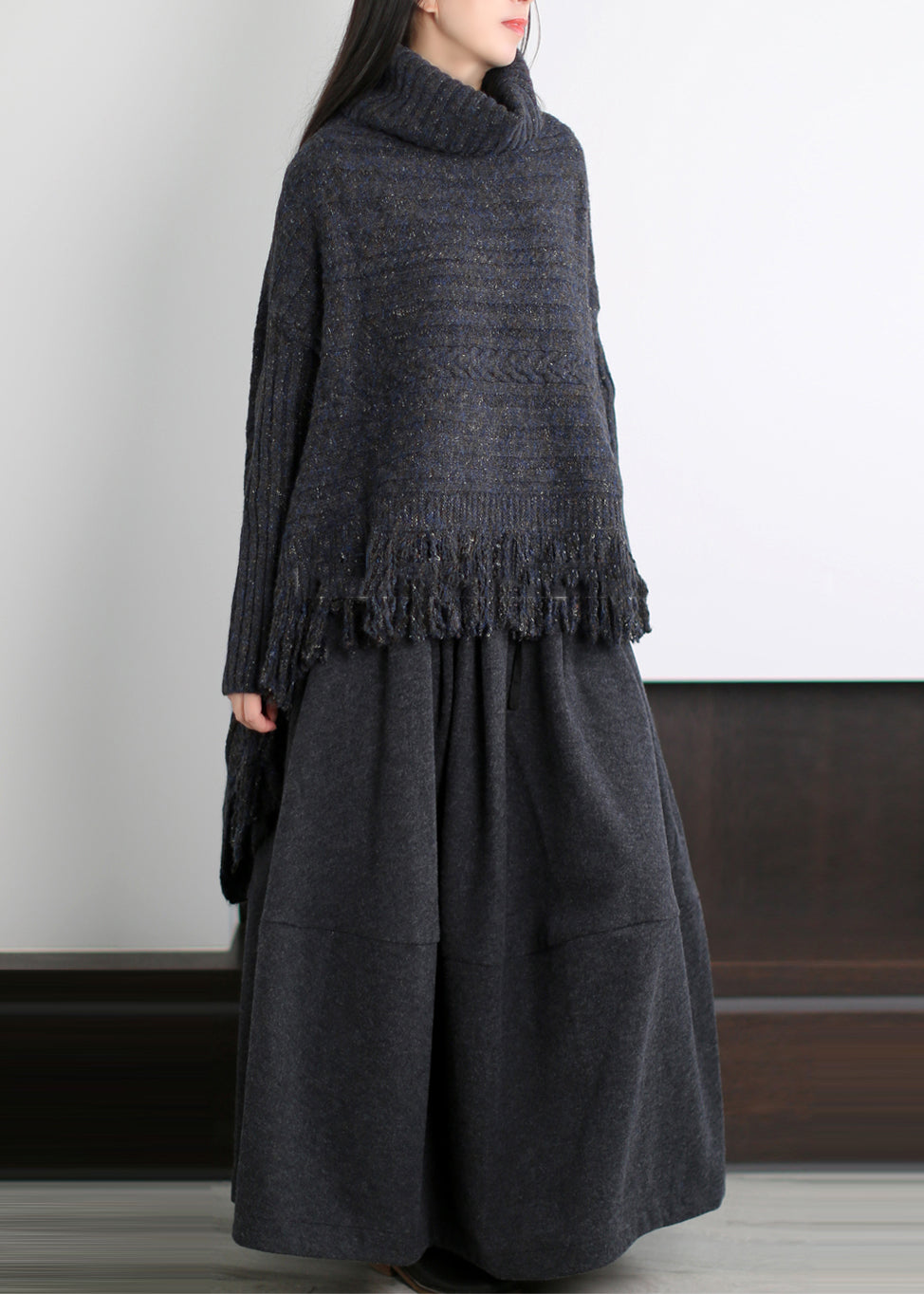 Art Black Asymmetrical Tasseled Knit Sweaters Winter