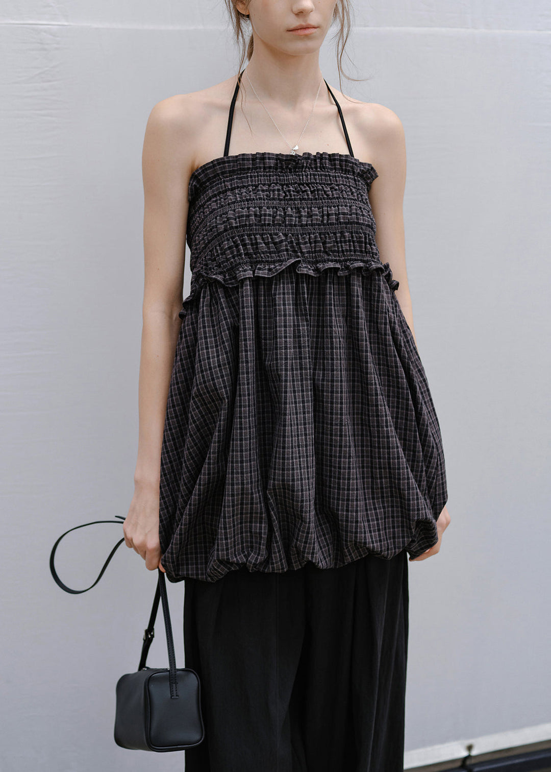 Art Black Backless Plaid Cotton Strapless Blouses Summer