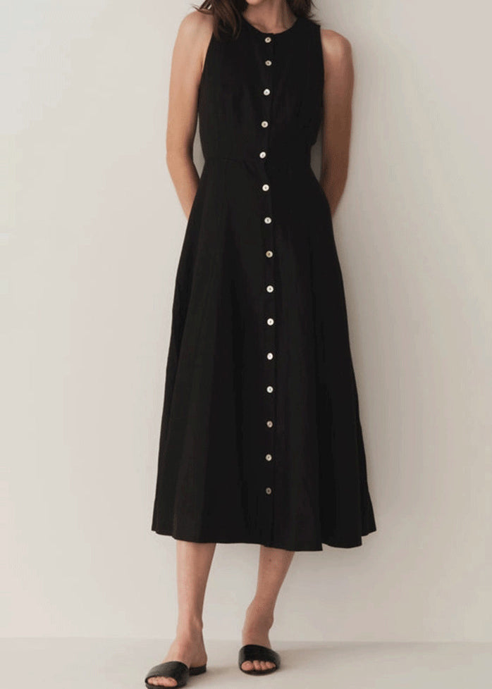 Art Black Button Down Side Open Cotton Holiday Dress Sleeveless
