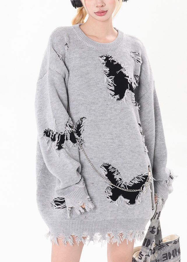 Art Black Chain Linked Butterfly Hole Knit Pullover Winter