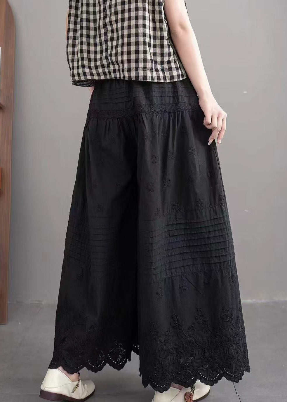 Art Black Embroidered Cotton Wide Leg Pants Summer
