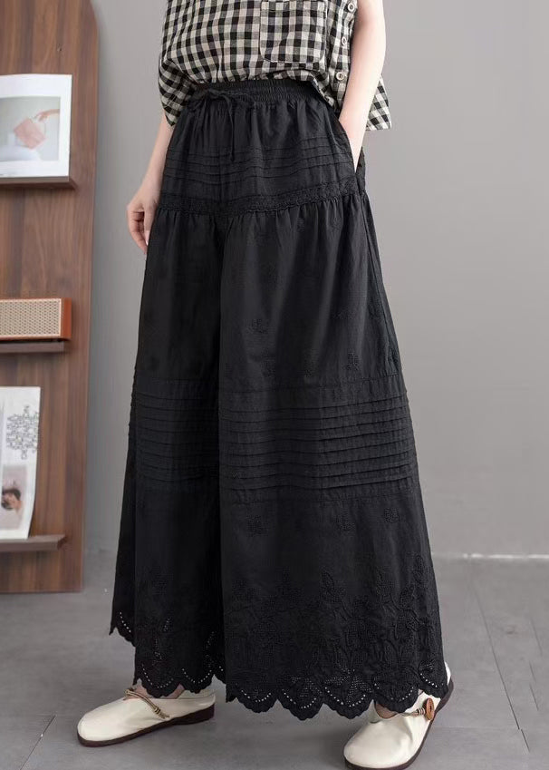 Art Black Embroidered Cotton Wide Leg Pants Summer