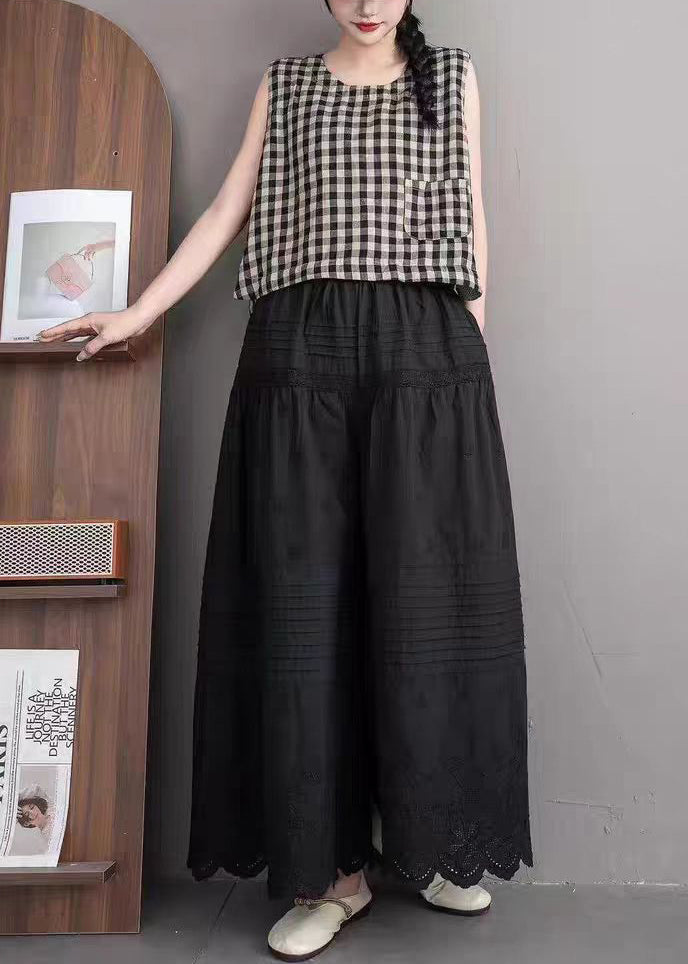 Art Black Embroidered Cotton Wide Leg Pants Summer