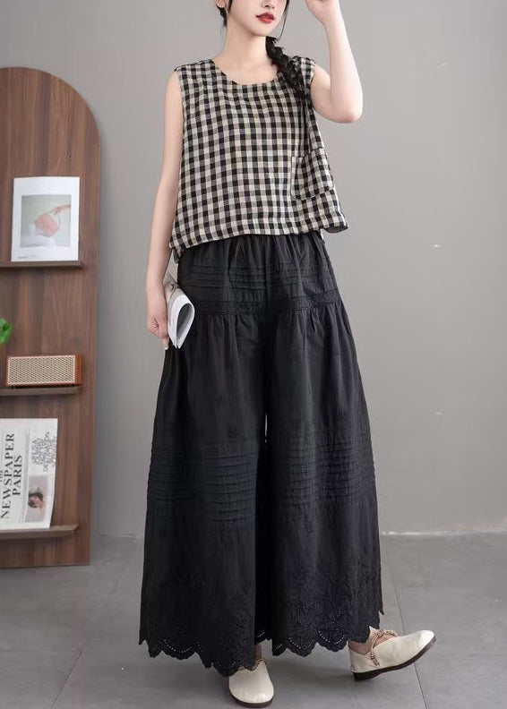 Art Black Embroidered Cotton Wide Leg Pants Summer