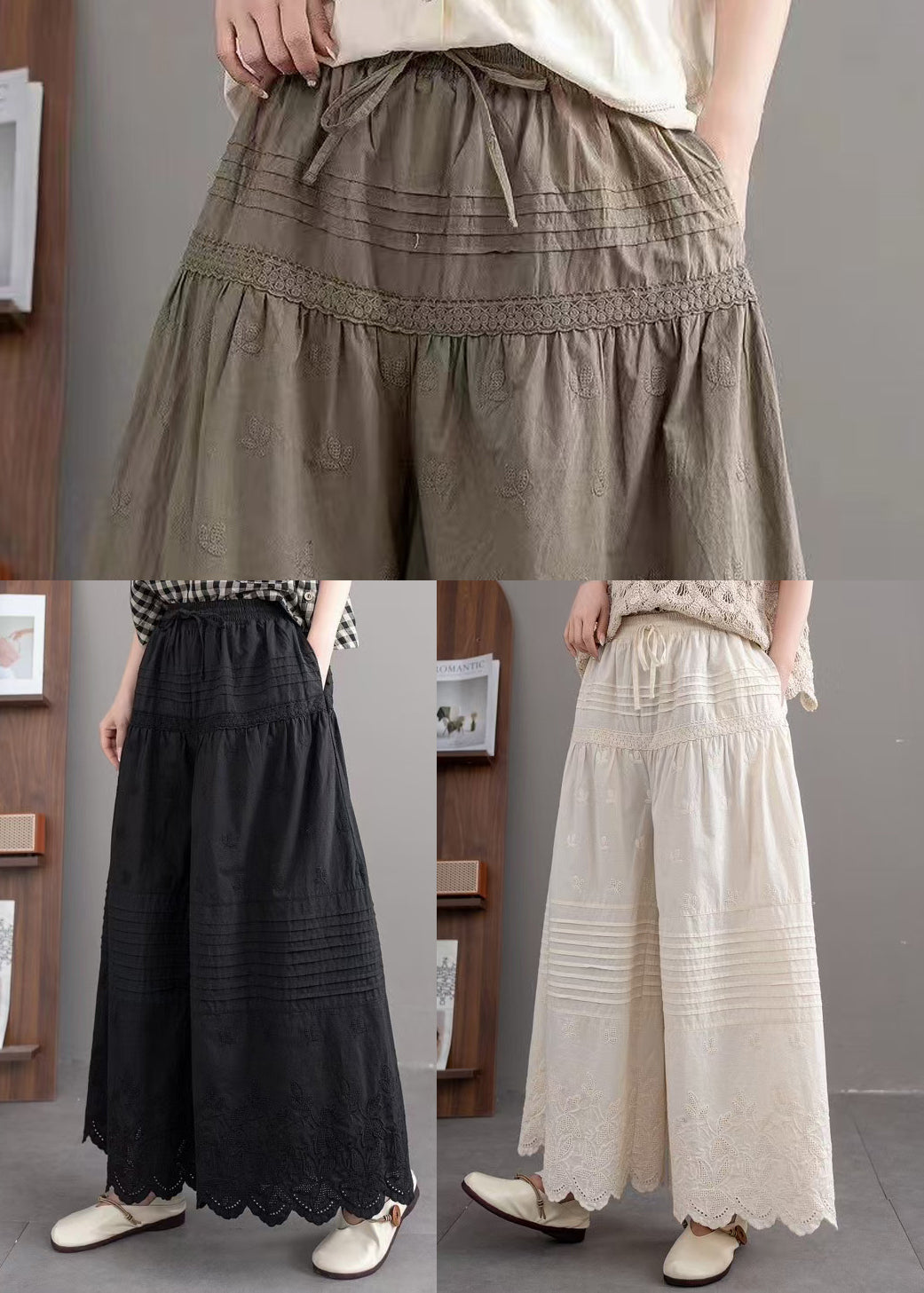 Art Black Embroidered Cotton Wide Leg Pants Summer