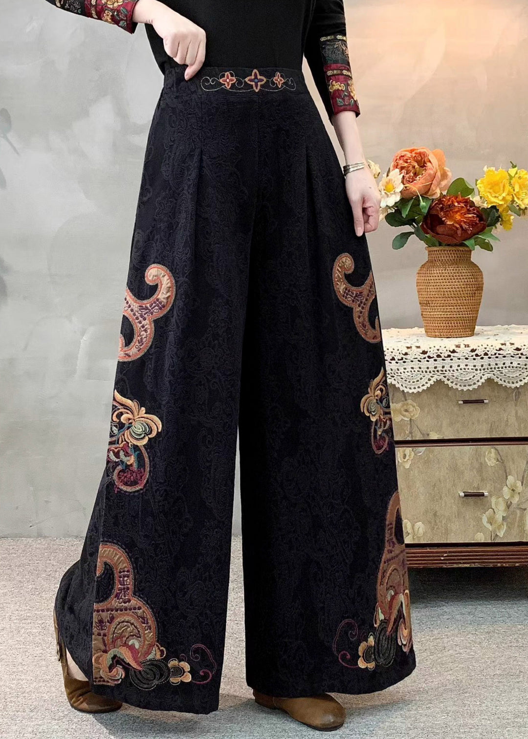 Art Black Embroidered Linen Pants Trousers Spring