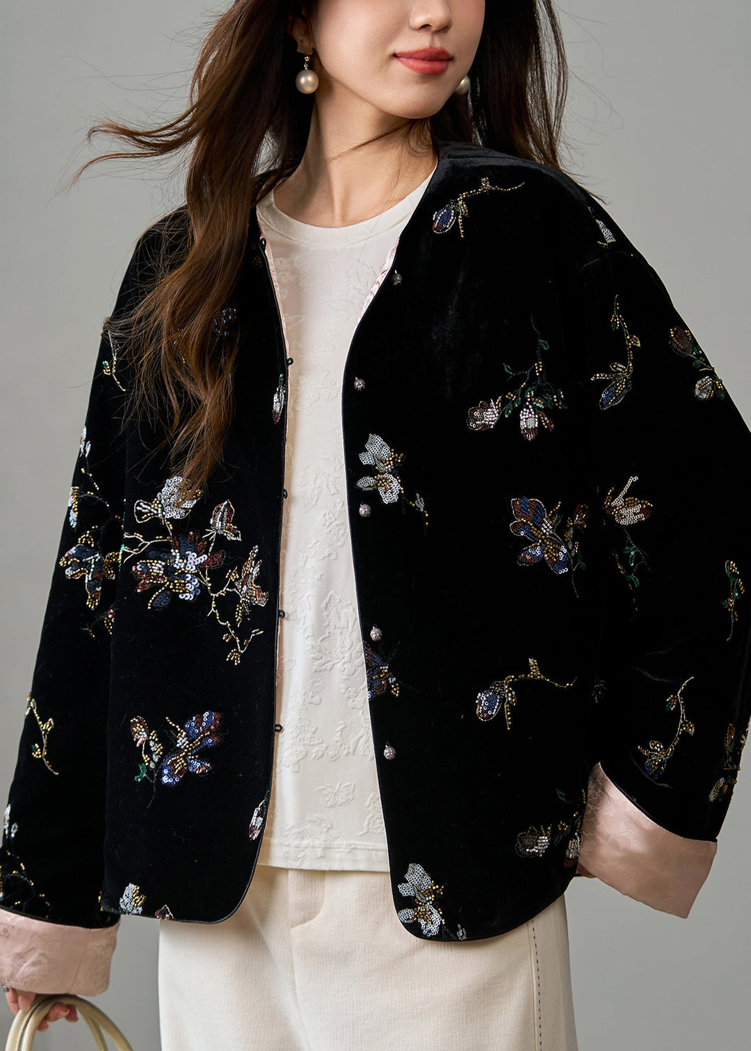 Art Black Embroidered Sequins Fine Cotton Filled Silk Velvet Jacket Winter