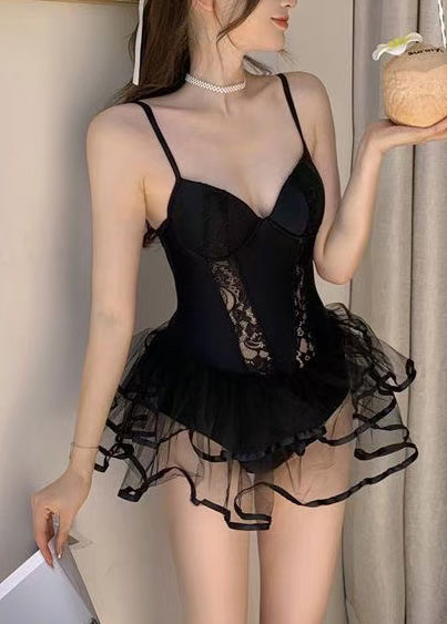 Art Black Hollow Out Patchwork Lace Swimwear Bodysuit