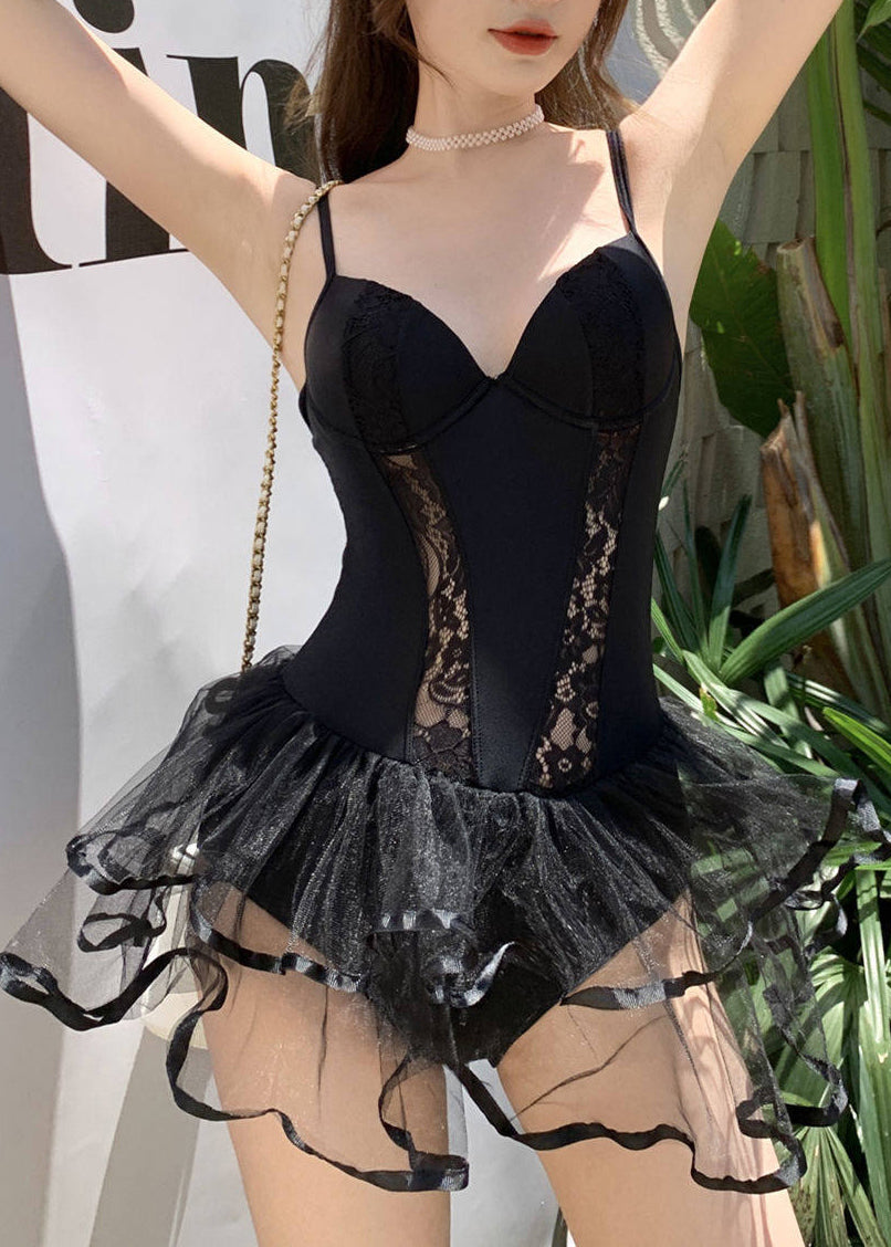 Art Black Hollow Out Patchwork Lace Swimwear Bodysuit