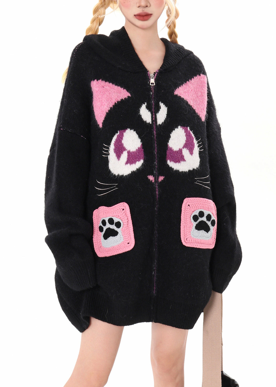 Art Black Hooded Cat Embroidered Knit Cardigan Winter