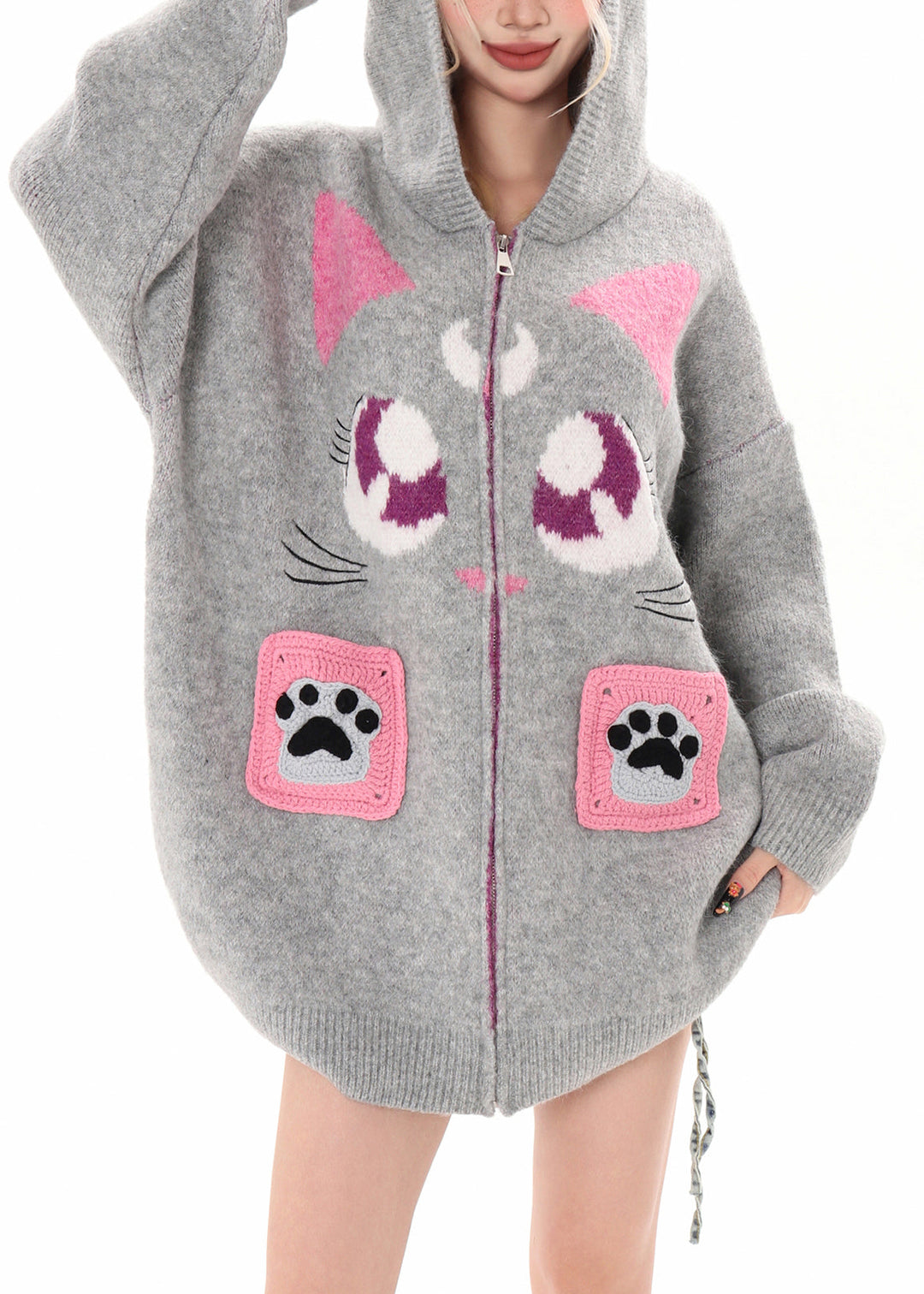 Art Black Hooded Cat Embroidered Knit Cardigan Winter