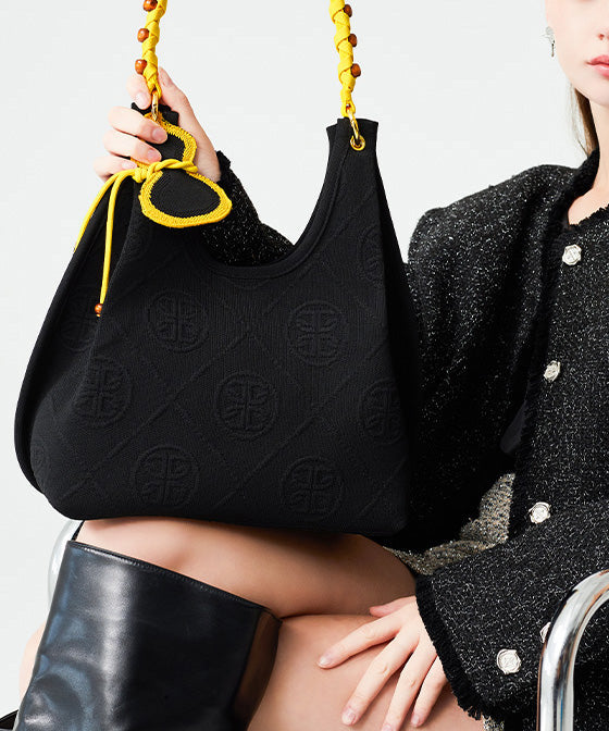 Art Black Jacquard Tasseled Cotton Women Handbag