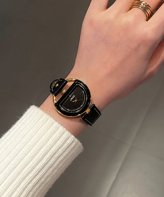 Art Black Leather Quartz Movement Hardlex Crystal Watches