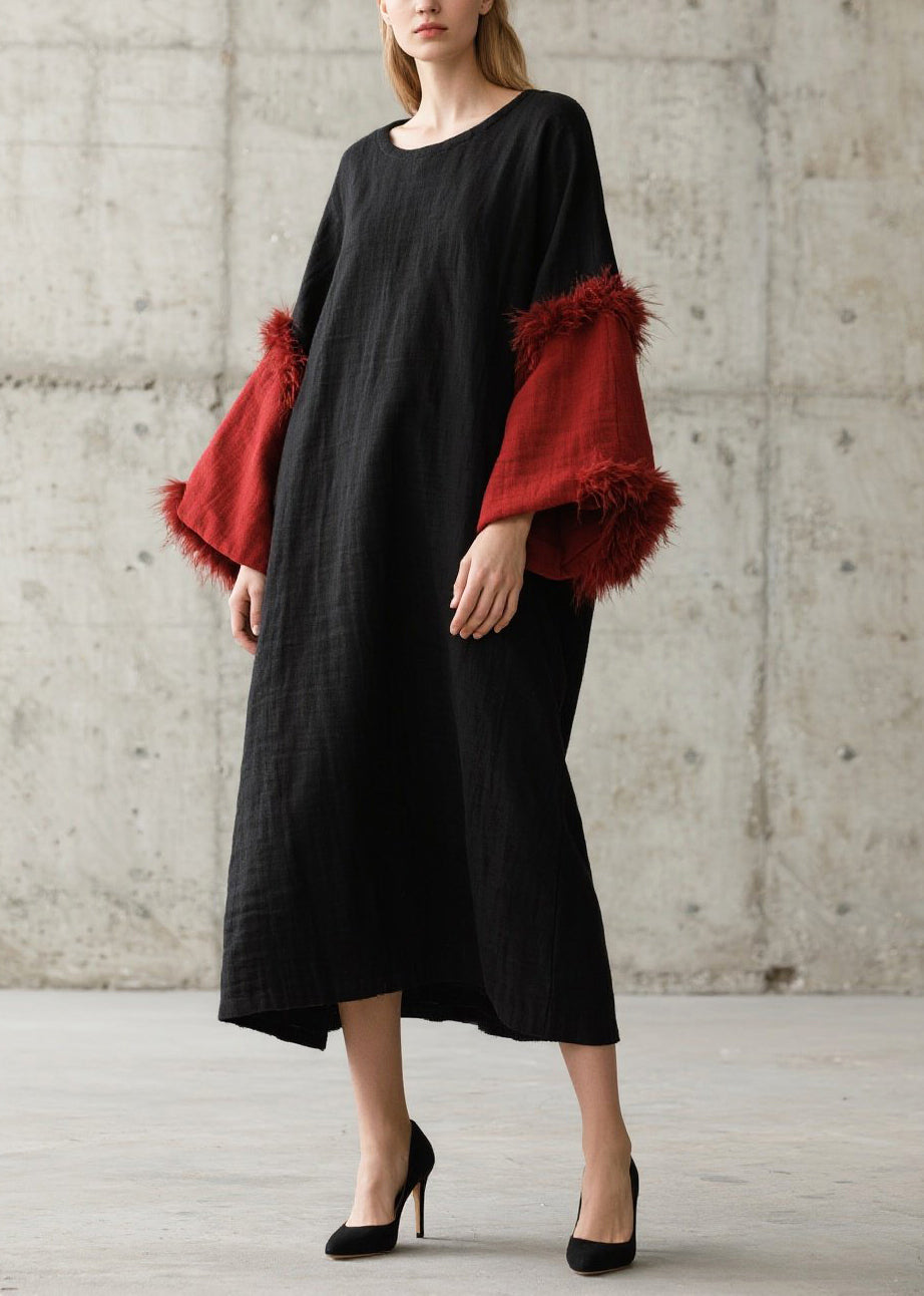 Art Black O-Neck Patchwork Faux Fur Dresses Flare Sleeve