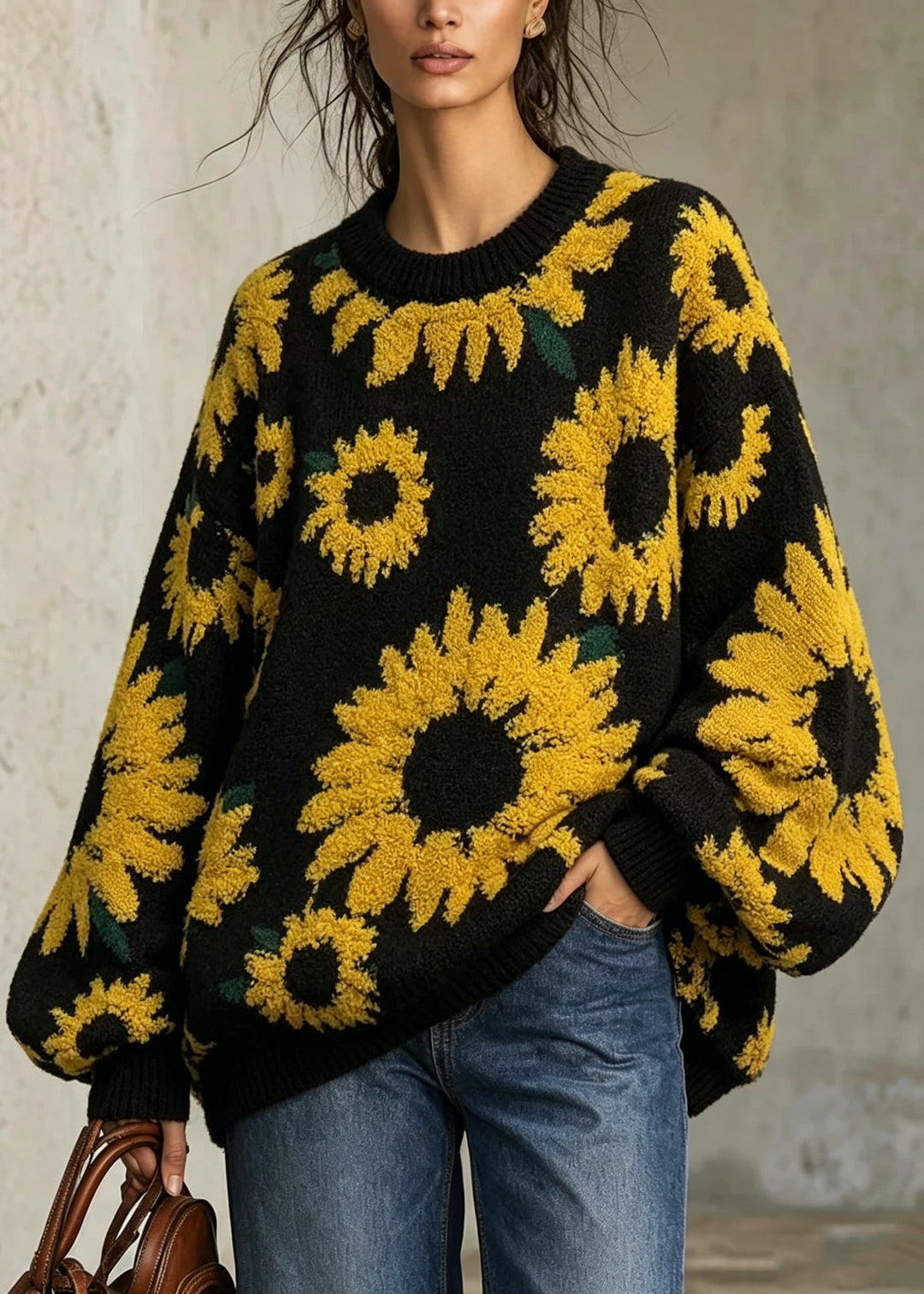 Art Black O Neck Thick Jacquard Knit Sweaters Tops Fall