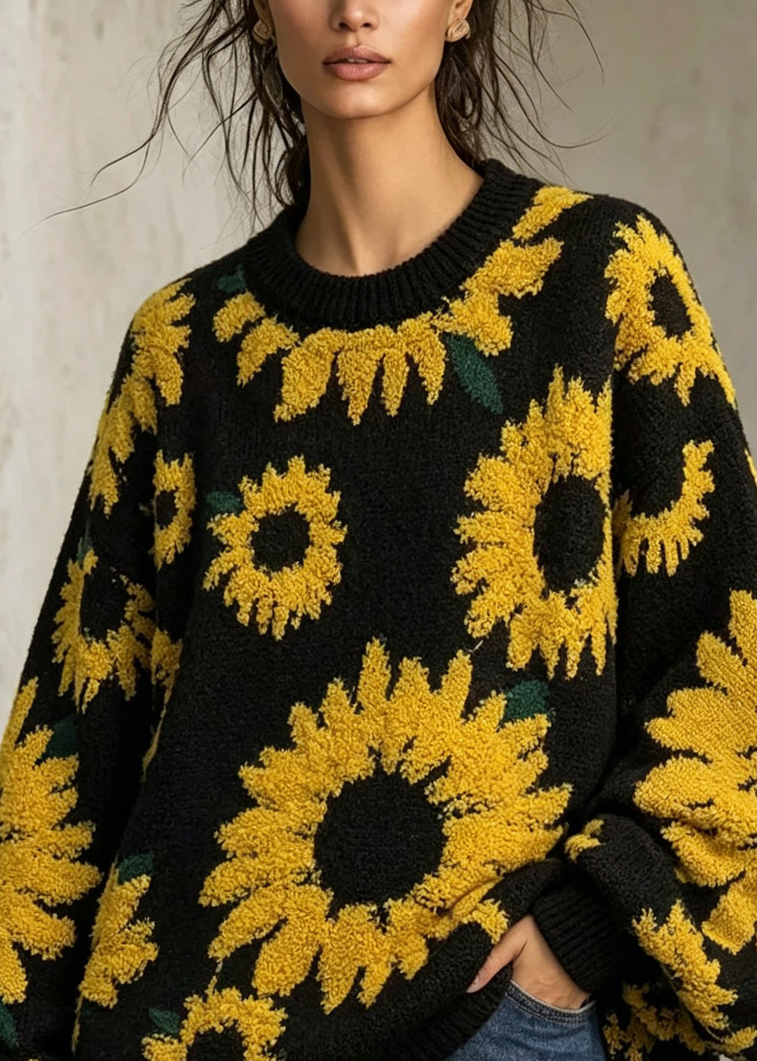Art Black O Neck Thick Jacquard Knit Sweaters Tops Fall
