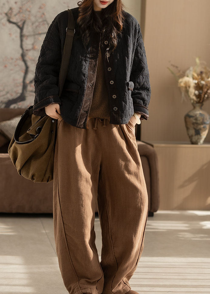 Art Black O-Neck Warm Fine Cotton Filled Linen Coat Winter