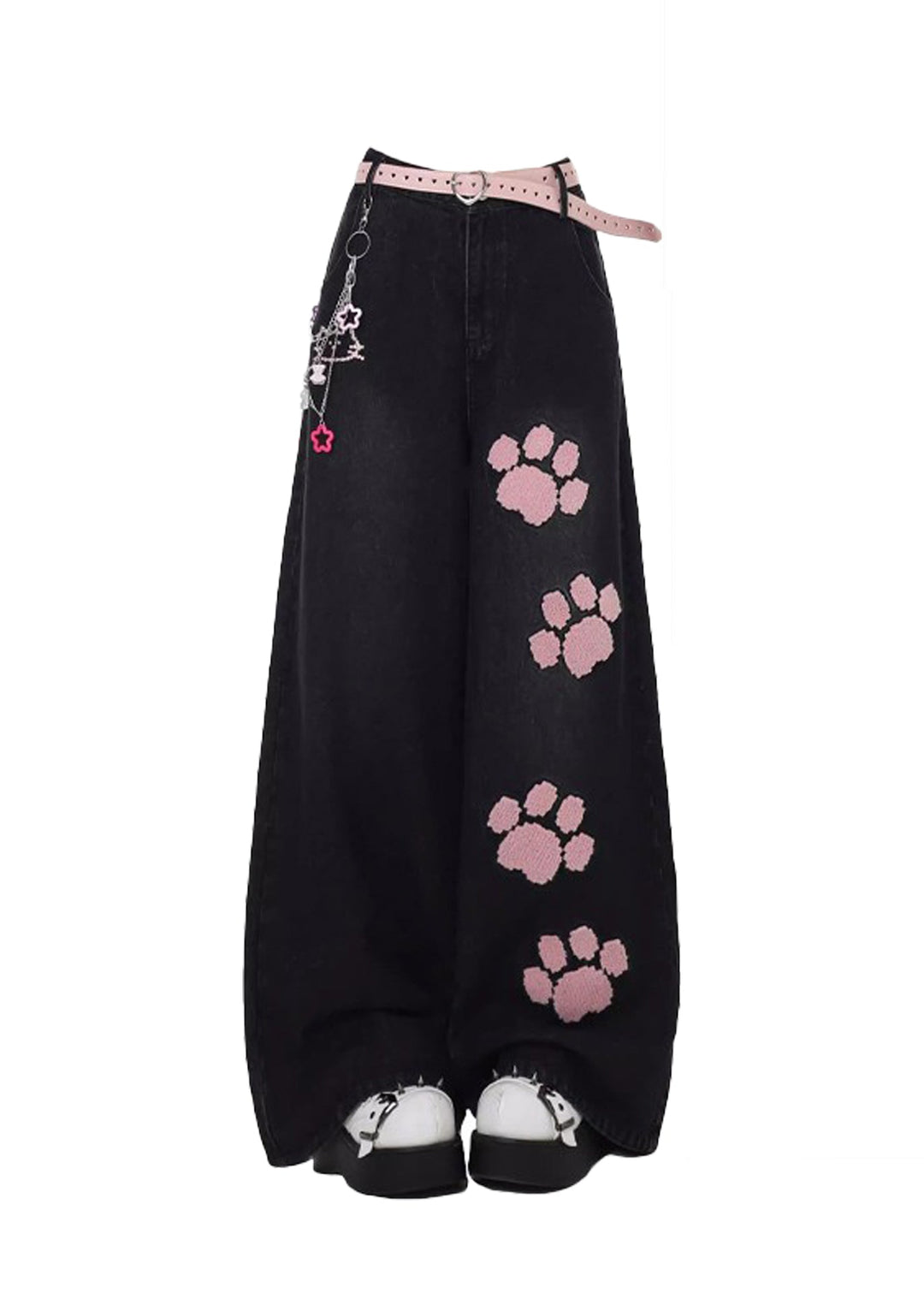 Art Black Oversized Patchwork Applique Warm Fleece Denim Pants Winter